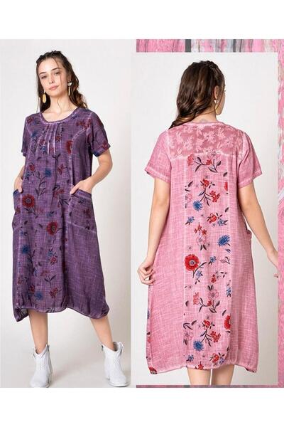 Bohemian Turquoise Colored Organic Cotton - Women's Short Sleeve Dress with Stone Detail