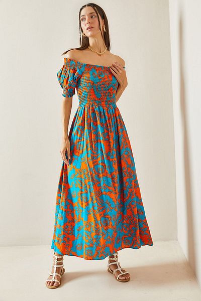 XHAN Boat Neck Orange Gipe Dress - Patterned, Model No: 5YXK6-48858-11