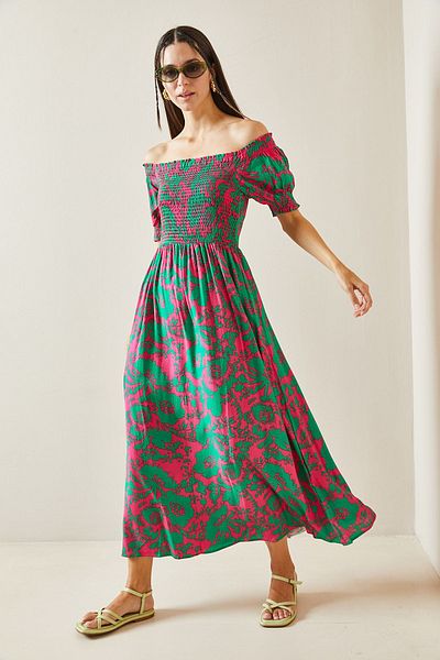 XHAN Fuchsia Gipe Patterned Boat Neck Dress - 5YXK6-48858-07