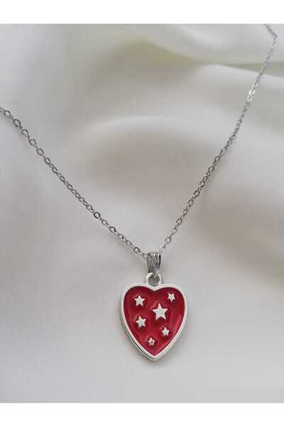 Judas Takı Red Enamel Silver Star Heart Necklace