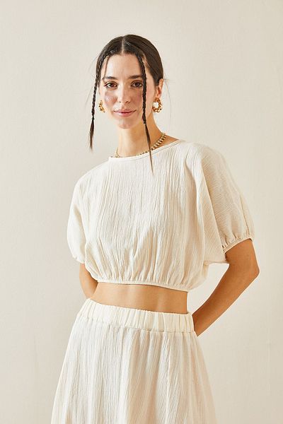 XHAN Beige Crop Blouse - Crew Neck, Elastic, 5YXK2-48837-25