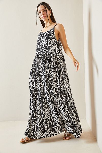 XHAN Strappy Black Patterned Midi Dress - 5YXK6-48860-02