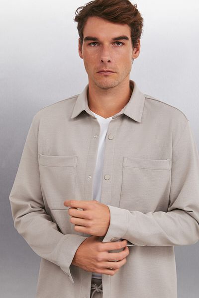 GRIMELANGE Derian Men's Comfort Fit 2-Pocket Snap Button Beige Shirt