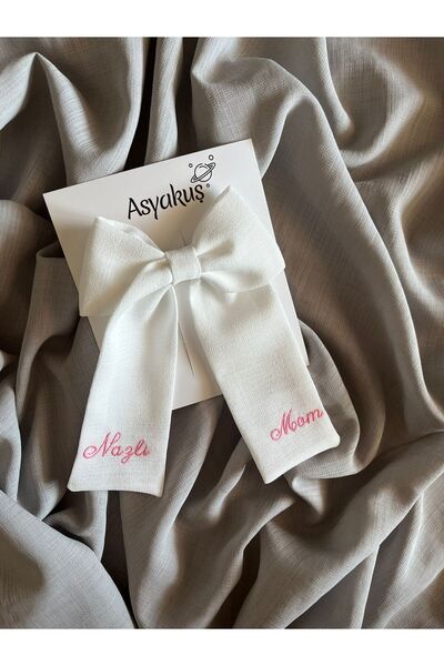 asyakuş Mom and Name Embroidered Ecru Bow Automatic Buckle