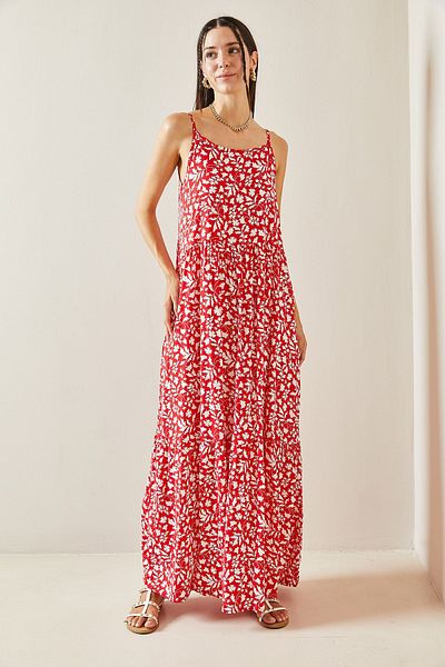 XHAN Red Midi Dress with Straps - Patterned 5YXK6-48859-04