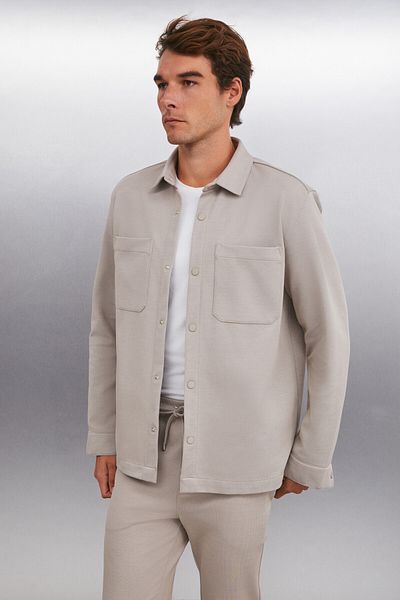 GRIMELANGE Derian Men's Comfort Fit 2-Pocket Snap Button Beige Shirt