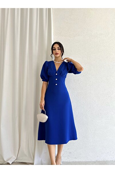 Afiş Butik Saks Mavi Ince Düğme Detaylı Yarım Kol Midi Elbise