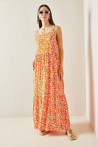 XHAN Strappy Orange Patterned Midi Dress - 5YXK6-48859-11