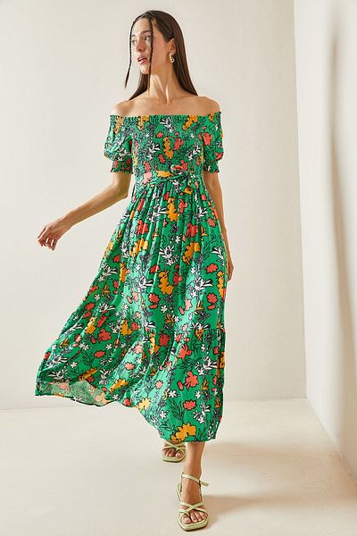 XHAN Green Gipe Patterned Boat Neck Dress - 5YXK6-48858-08