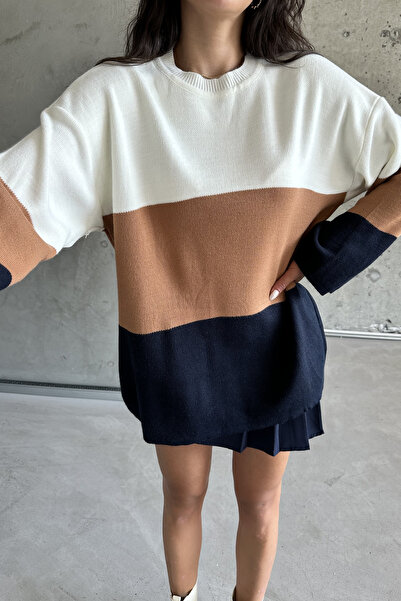 MODAGEN Ecrufarbener Strickpullover für Damen – zweifarbig, Rundhalsausschnitt