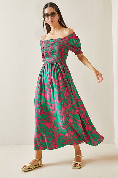 XHAN Fuchsia Gipe Patterned Boat Neck Dress - 5YXK6-48858-07