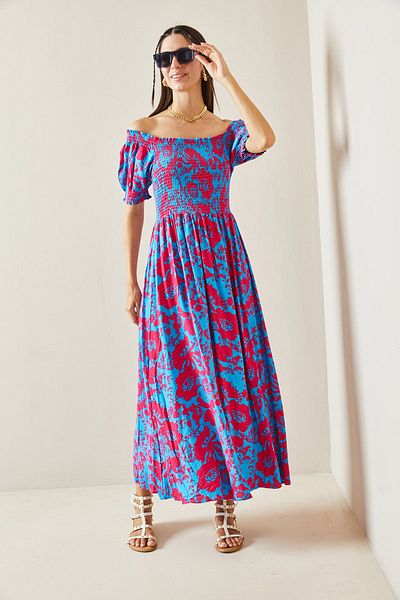 XHAN Boat Neck Burgundy Gipe Dress - Patterned, 5YXK6-48858-05