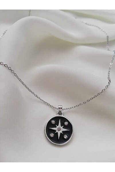 Judas Takı Silver Color Black Enamel North Star Necklace