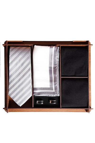 1001 Kravat Wooden Gift Boxed Silk Tie Silk Handkerchief Metal Cufflinks Men's Gift Set with Bamboo Socks