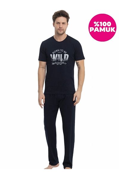 bie's Σετ ανδρικών πιτζάμες Navy Blue - 100% βαμβάκι, λαιμόκοψη, κοντό μανίκι, με τσέπες