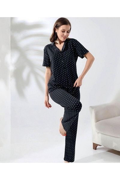 Prestij İç Giyim Women's PolKa Dot Pajamas Set - Shirt Collar, Button, Cotton, Short Sleeve