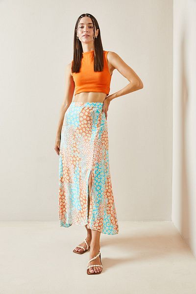 XHAN Turquoise Floral Patterned Midi Skirt - Buttoned, 5YXK7-48826-13