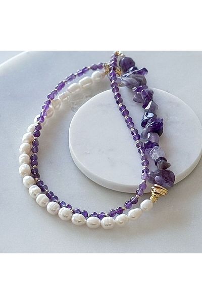 CHARMLUCKY Set of 2 Natural Pearl Amethyst Necklace