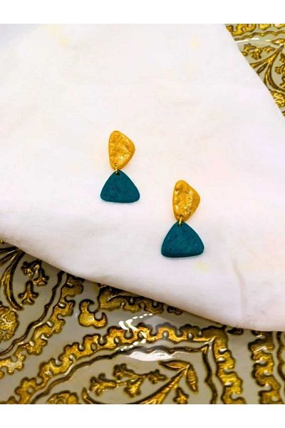 Karşı Köyden Polymer Clay Emerald and Gold Leaf Special Design Earrings