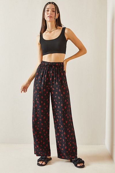 XHAN Wide Leg Black Patterned Trousers - 5YXK5-48818-02