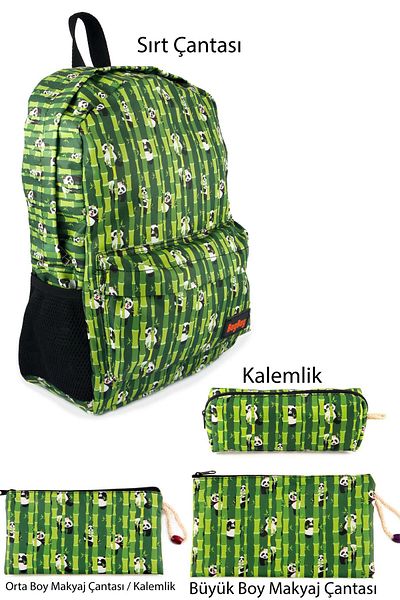 BYBAG Set de 4 rucsac cu model Panda din bambus și geantă de machiaj cu suport pentru stilouri - Dimensiune mare