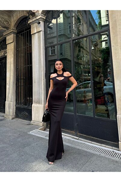 dükkan10butika Rochie de seara lunga neagra - Detaliu guler, Decolteu pe umeri, Tesatura Lycra, Rochie de nunta