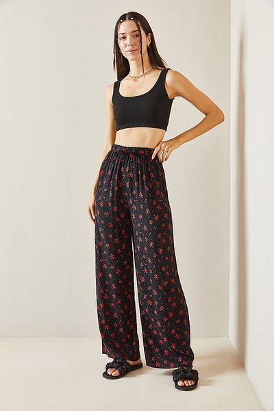 XHAN Wide Leg Black Patterned Trousers - 5YXK5-48818-02