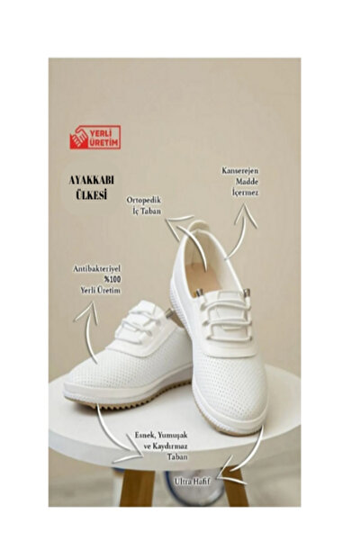 Ayakkabı Ülkesi Ορθοπεδικά καθημερινά λευκά μαλακά γυναικεία παπούτσια μπαλαρίνας με διάτρητο κορδόνι