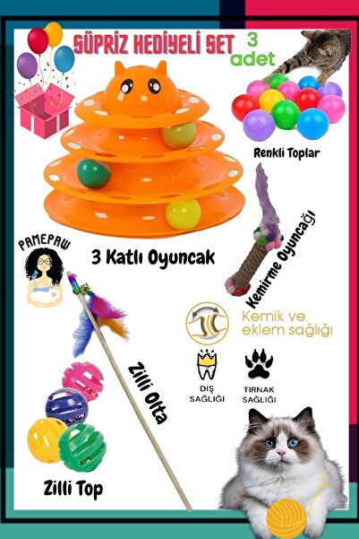 PAMEPAW 8'li Set:3'lü Renkli Top+Kedi Oltası+3 Katlı Oyuncak+çıngıraklı Top+T...