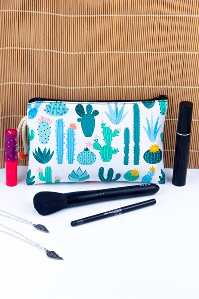BYBAG 4'lü Set Kaktüs Desenli Sırt Çantası Kalemlik Makyaj Çantası Büyük Boy Makyaj Çantası
