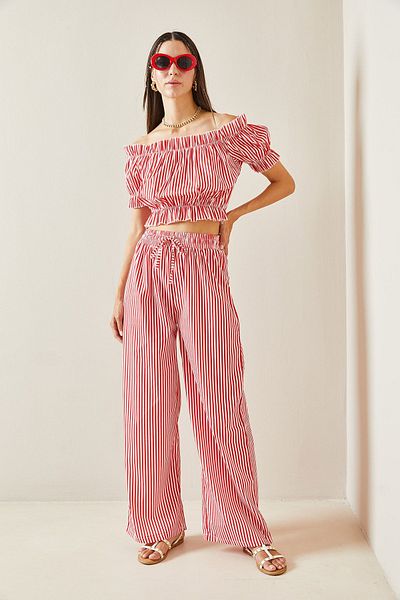 XHAN Red Striped Elastic Waist Crop Suit - 5YXK8-48834-04