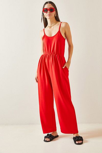 XHAN 5YXK6-48816-04 Model Red Thin Strap Maxi Jumpsuit