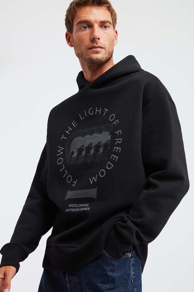 GRIMELANGE Ανδρικό φούτερ Olympos 100% οργανικό βαμβάκι με 3 κλωστές με στάμπα με κουκούλα, μαύρο φούτερ