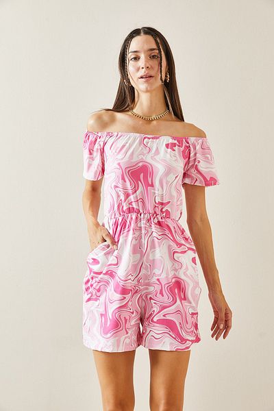 XHAN Batik Patterned Pink Jumpsuit - Boat Neck 5YXK6-48845-20