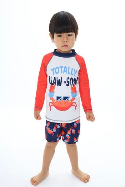 PODİUM GİYİM NEW TREND CUTE CRAB PATTERNED UV PROTECTION BABY-KIDS SWIMSUIT SET WITH LONG SLEEVE SHORTS