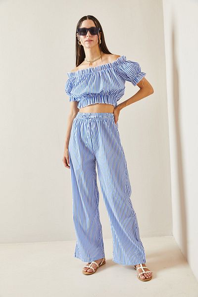 XHAN Blue Striped Crop Set - Elastic Waist 5YXK8-48834-12