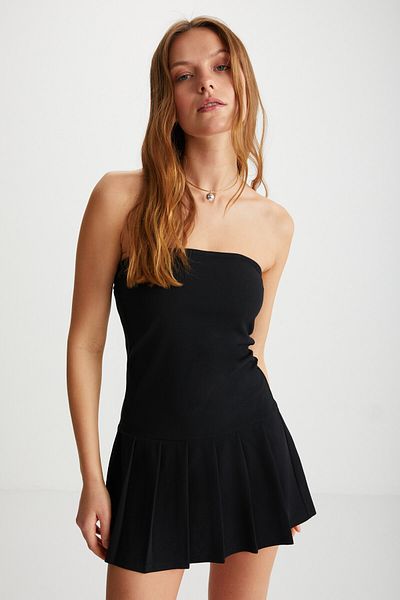 GRIMELANGE Cathy Women's Off-The-Shoulder Body-Fitting Six-Pleated Mini Stylish Black Dress