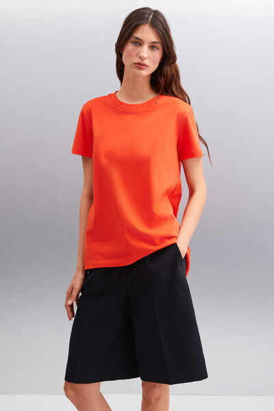 GRIMELANGE Samantha Women &Apos; S Red Knitted T-Shirt with 100% Organic Cotton, Comfort Fit, Long Back