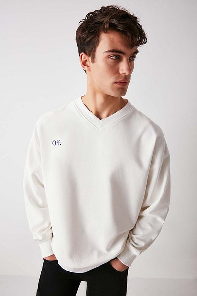 GRIMELANGE Off Men's Organic Cotton Text Embroidery Detailed V-Neck Fleece-Free Inside Oversize White Sweatshirt