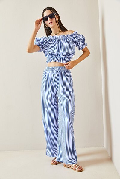 XHAN Mavi Beli Lastikli Çizgili Crop Takım 5YXK8-48834-12
