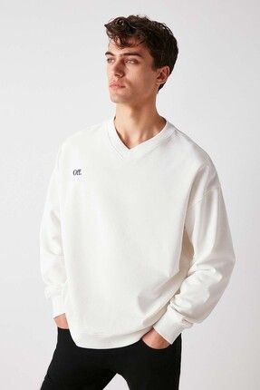 GRIMELANGE Off Erkek Yaz Nak Detayl V Yakal Ici Polars z Oversize Beyaz Sweatshirt Fiyat Yorumlar Trendyol