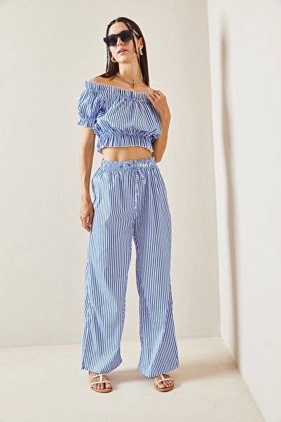 XHAN Mavi Beli Lastikli Çizgili Crop Takım 5YXK8-48834-12