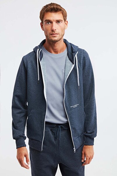 GRIMELANGE Pánská mikina Momentum na zip s vysokým límcem a kapucí v tmavě modré barvě s vyšívanou šňůrkou a fleecem uvnitř