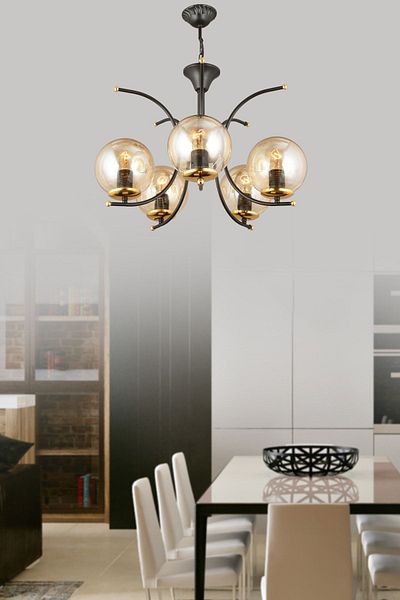 SONSUZ AYDINLATMA&AVİZE Fairy Black 5-Piece Honey Globe Glass Upward Facing Modern Luxury Chandelier