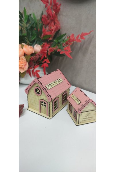 hayalimhediyelik Wooden House Blue Large Piggy Bank Parent & Child 2 Pieces