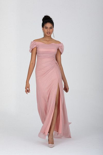 meksila Women's Evening Dress Boat Neck Draped Slit Detailed Long Glitter Dress / 2023 Salmon