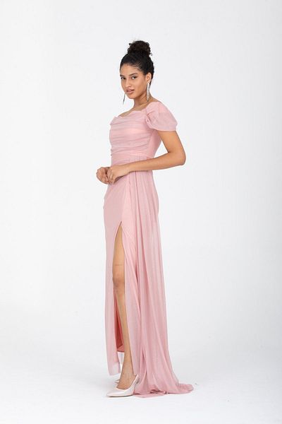 meksila Women's Evening Dress Boat Neck Draped Slit Detailed Long Glitter Dress / 2023 Salmon