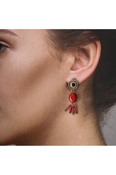 Rupen Kraft Otantik Taşlı Küpe Pirinç Küpe Püsküllü Otantik Küpe