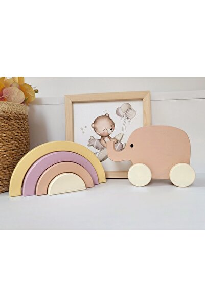 tinyminywoods gökkuşağı waldorf ve sevimli fil ( 2 li set) ahşap oyuncak ahşap dekor bebek odası dekor oyuncak