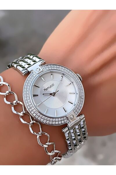 Ferrucci ÇELİK KORDON TAŞ MOTİFLİ KASA 3 ATM SU GEÇİRMEZ KADIN KOL SAATİ+BİLEKLİK HEDİYELİ